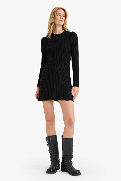 DeFacto Crew Neck Ribbed Long Sleeve Mini Dress F3893Ax25Wn
