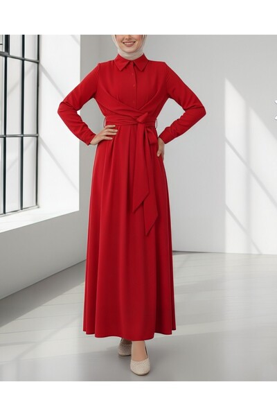 Modamorfo Half Buttoned Cross Tie Front Dress -Red