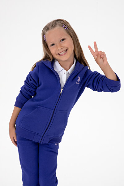 U.S. Polo Assn. سويت شيرت بناتي بقلنسوة وسحاب ولون أرجواني أساسي 50316809-VR038