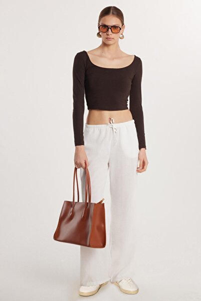 Tudors Women's Regular Fit Tie Waist Linen Palazzo Wide Leg Ecru Trousers