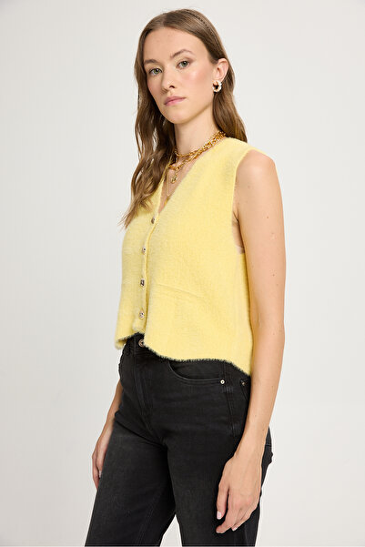 minaaise Women's Yellow Knitwear Vest Gold Button Detailed Soft Textured 2541