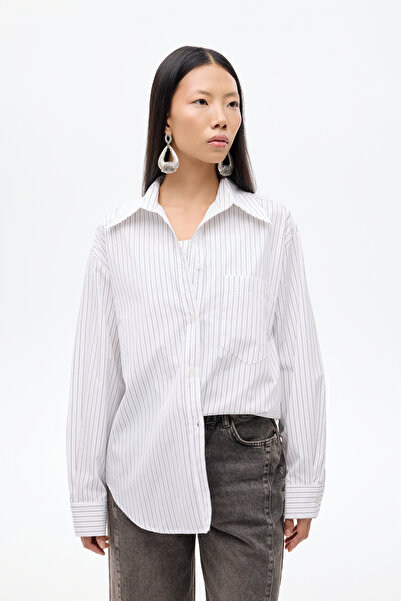 Quzu Asimetrik Kesim Çizgili Oversize Gömlek Beyaz