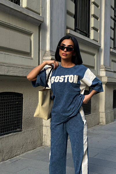 Bliss Women's Blue Boston Detail Short Sleeve Comfortable Fit Bottom Top Trac...