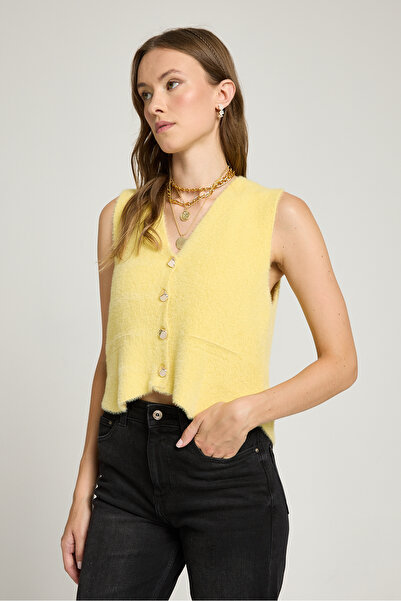 minaaise Women's Yellow Knitwear Vest Gold Button Detailed Soft Textured 2541