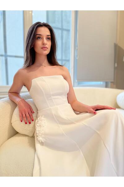 Seri Krep Uzun Kloş Cep Detay Üzeri Çiçek İşlemeli Abiye Elbise