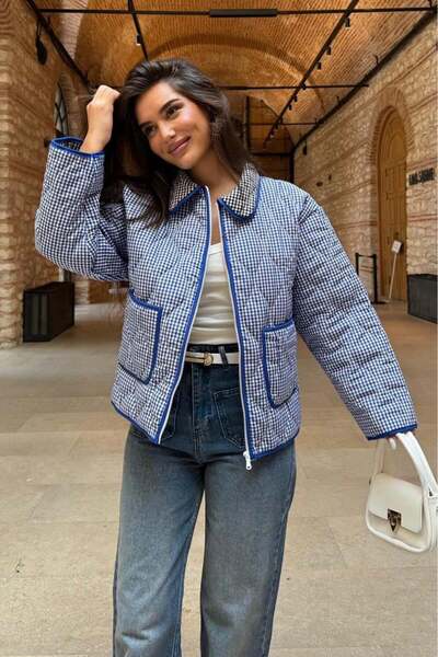 Madmext Mavi Pötikareli Cepli Kadın Mont Mg2488