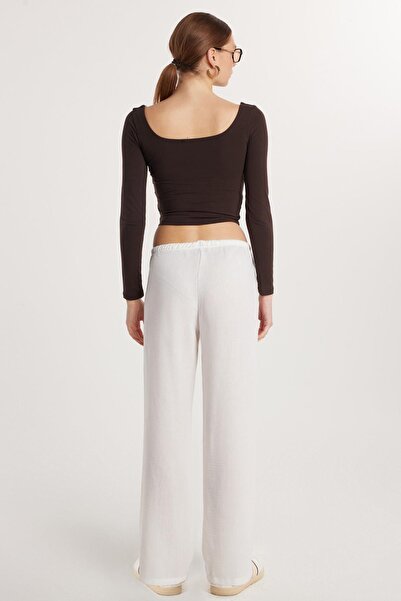 Tudors Women's Regular Fit Tie Waist Linen Palazzo Wide Leg Ecru Trousers