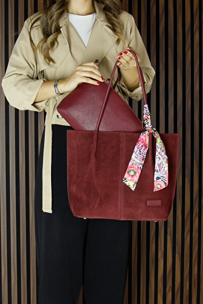 Erkan Saçmacı Burgundy Genuine Cowhide Suede Magnetic Closure Large Size Daily Shoulder Bag and Handbag with Strap
