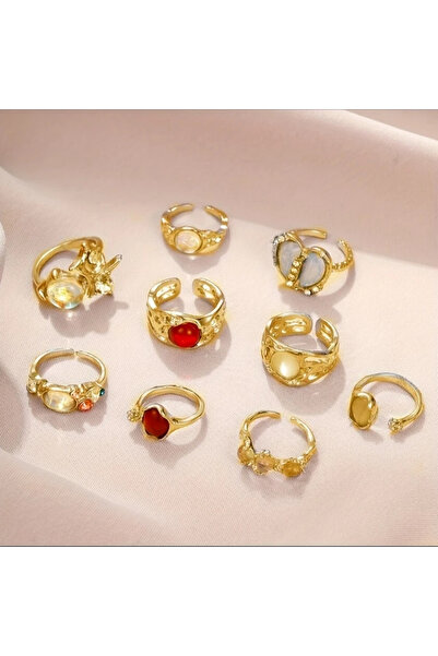 Zümrüt Toy 9 Pieces Crystal Stone Stylish Design Vintage Adjustable Gold Ring Set