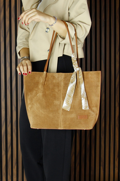 Erkan Saçmacı Tan Genuine Cowhide Suede Magnetic Closure Large Size Daily Shoulder Bag and Handbag with Strap