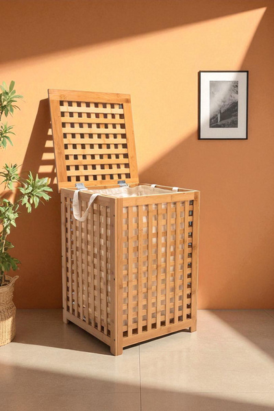 Digithome Bambu Çamaşır Sepeti 62x45 cm Kulplu Taşınabilir Bezli DB-0041