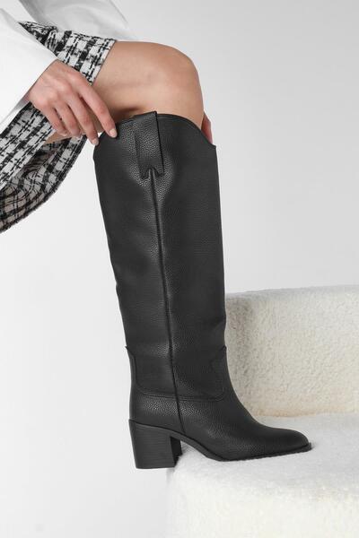 Mio Gusto Μαύρο χρώμα Γνήσιο δερμάτινο look Γυναικείες μακριές μπότες χωρίς φερμουάρ με τακούνι