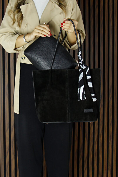 Erkan Saçmacı Black Genuine Cowhide Suede Magnetic Closure Large Size Daily Shoulder Bag and Handbag with Strap