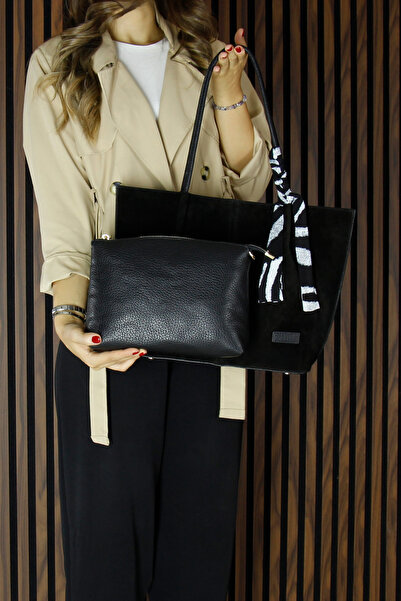 Erkan Saçmacı Black Genuine Cowhide Suede Magnetic Closure Large Size Daily Shoulder Bag and Handbag with Strap