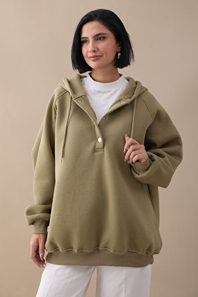 InStyle Snap Neck Hooded Khaki Sweat