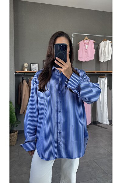 YOUR NAME Cămașă supradimensionată din popelin cu dungi albastre închise