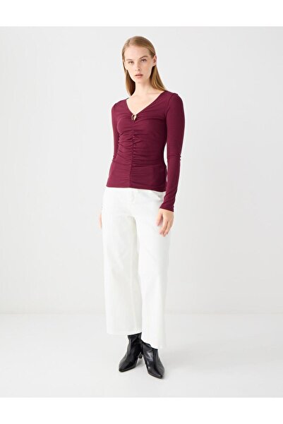 Jimmy Key Burgundy V-Neck Long Sleeve Knitted Blouse with Shirring Detail