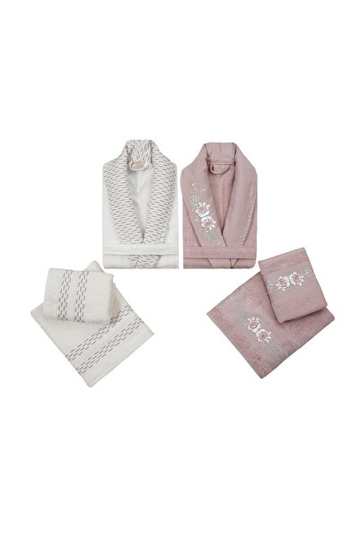 Pupilla Collection 6 Parça Alaska Nakışlı %100 Pamuk Bornoz Seti Pudra - Ekru...