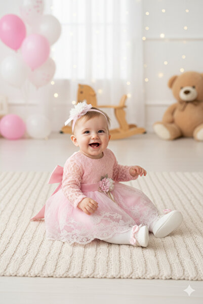 Petite Ponpon Baby Kız Bebek 0-6 Ay Gelinlik Elbise 5 Li Mevlütlük Set Uzun Kollu Fransız Dantelli Elbise