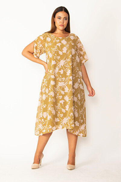 Şans Women's Plus Size Color Lined Slit Sleeve Chiffon Dress 65N28127