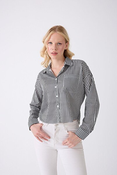 Fumel Cămașă scurtă cu dungi cu buzunar negru