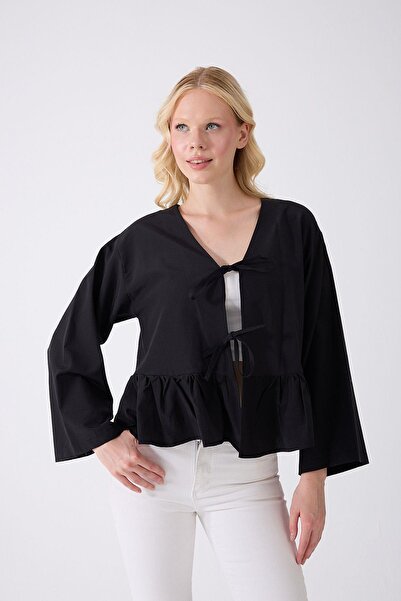 Fumel Μαύρο βολάν κιμονό με μπαγκάζ στο μπροστινό μέρος