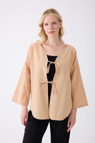 fumel women's clothing Μπεζ κιμονό τουνίκ Oversize με τσαντάκι στο μπροστινό ...