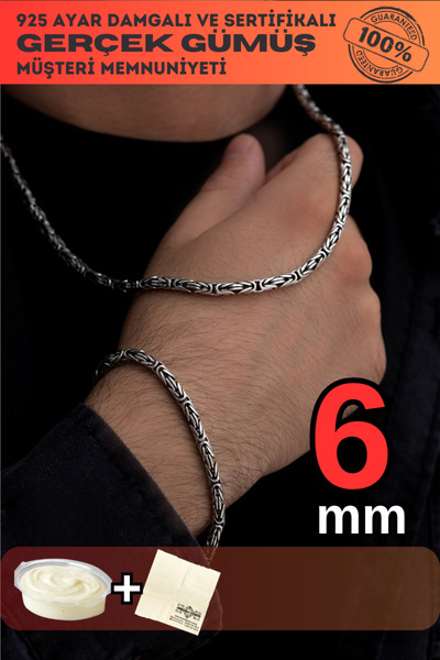 OSMANLI GÜMÜŞ Erkek Gümüş Bileklik Kolye Set - 6mm 925 Ayar Gümüş Yuvarlak Kr...