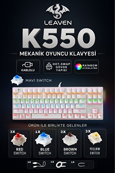 Leaven K550 Mavi Switch Kablolu Mekanik Klavye-87 Tuş-hotswap-switch Hediyeli