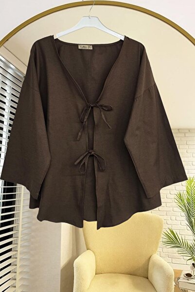 fumel women's clothing Tunica kimono maro cu bagheta in fata