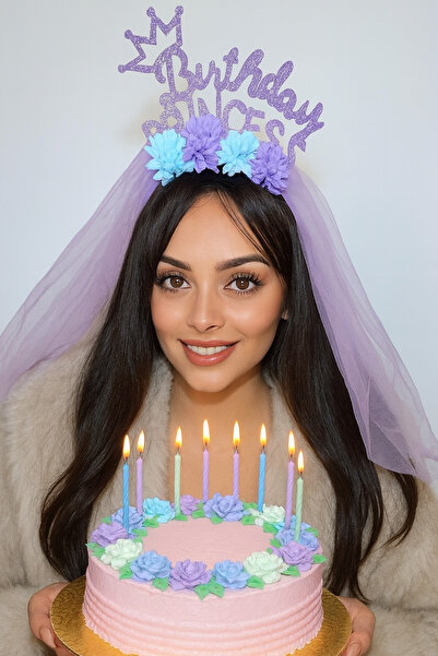 TAKIŞTIR Mor Renk Birthday Princess Yazılı Çiçek Figürlü Duvak Detaylı Taç