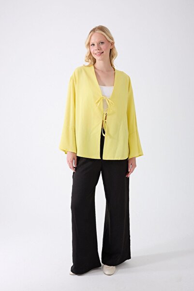 Fumel Women's Yellow Double Tie Slit Sleeve Kimono