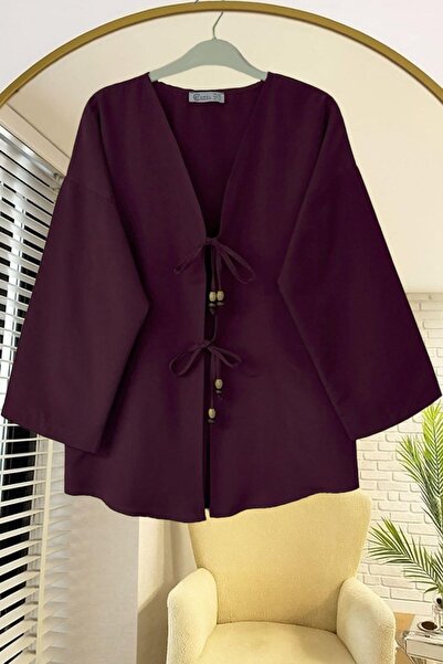 fumel women's clothing تونيك كيمونو عنابي اللون مقاس كبير مع حقيبة أمامية