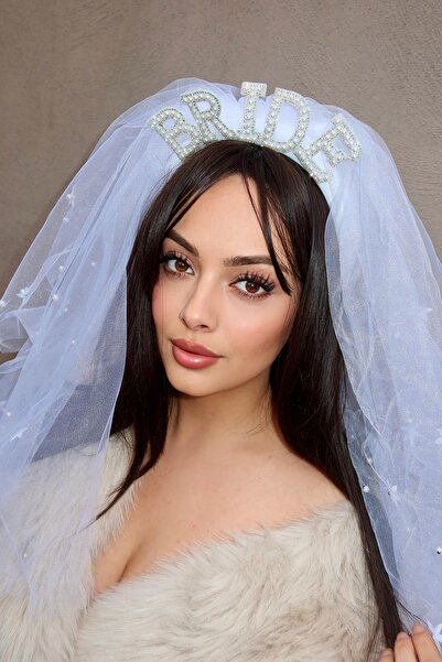 TAKIŞTIR Coroană de mireasă cu scrisoare de mireasă de culoare albă, cu detaliu de voal