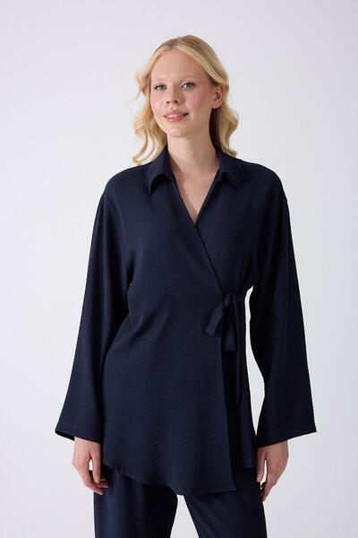 Fumel Set kimono cu șireturi bleumarin – croială oversize confortabilă