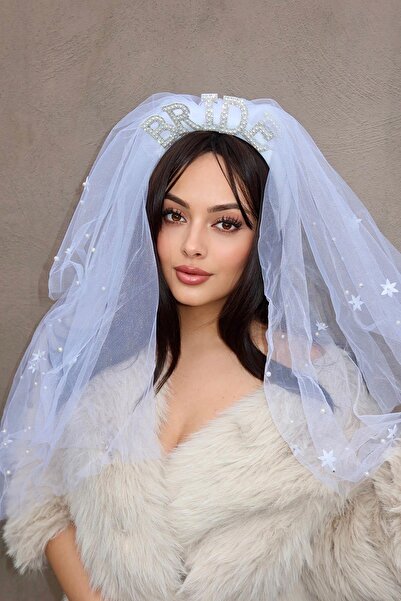 TAKIŞTIR Coroană de mireasă cu scrisoare de mireasă de culoare albă, cu detaliu de voal