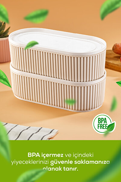 Vienev Set of 2 Stackable Practical Storage Containers with Elastic Bands 2X(1100 ml) Beige