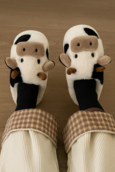StWenn Зимни унисекс домашни чехли с бродирана фигурка на крава и безшумна нехлъзгаща се подметка