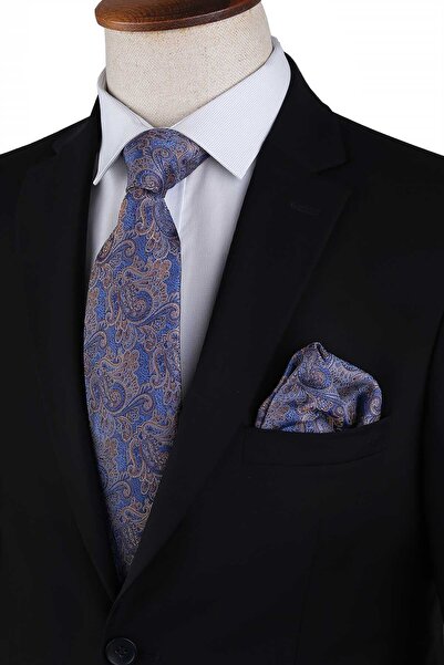 Kravatkolik Mavi Şal Desen Mendilli Klasik Kravat KK13125