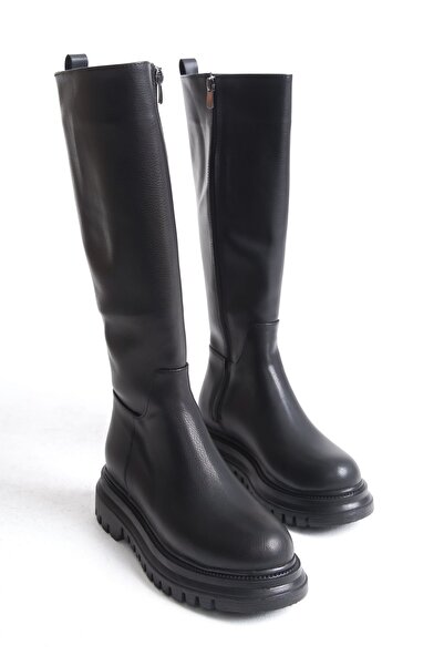 MARSEDO Kadın Günlük Fermuarlı Diz Altı Kalın Tırtıklı Taban Çizme Linn Siyah