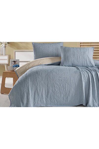 EVTEKSTİLİ Müslin Yatak Örtüsü Seti_Mavi-Krem