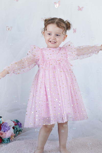 ALYRA Rochie pentru fetiță, cu mâneci lungi, tutu din tul, cu stele, ziua de naștere, zi specială, petrecere, nuntă, rochie pentru fetiță