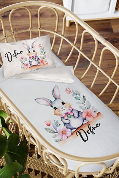 Homamia isme Özel Anne Yanı 60x100 Beşik Uyku Nevresim Takımı Sevimli Tavşan