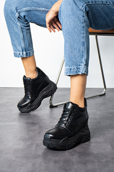 Modanizm Cazie Black Leather Wedge Sneakers