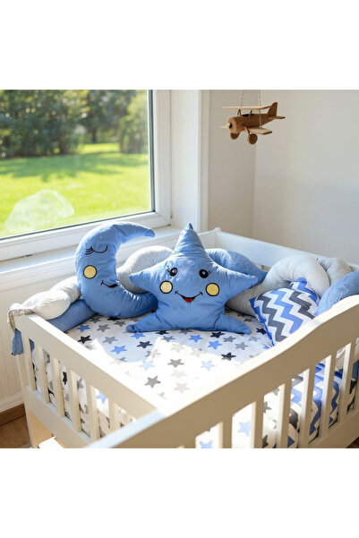 Aktehome Braided Baby Crib Edge Protection with Crescent and Star 6 Pieces Blue - White 50X100 Crib Set