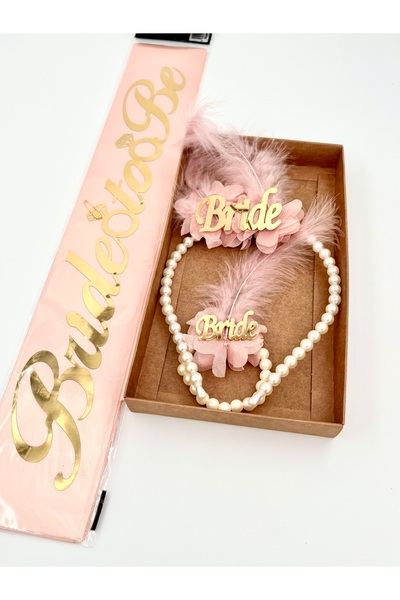 EvremStore Bride İncili Pleksili Taç ve Bileklik Bride To Be Baskılı Kuşak Takım