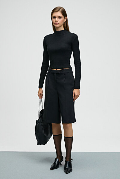 GRIMELANGE Calida Women's Stand Collar Ribbed Look Slim Fit Knitwear Black Sweater