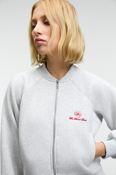 GRIMELANGE Yasvell Women's Metal Zipper Double Pocket Embroidery Detail Balloon Sleeve Bomber Grimelange Jacket