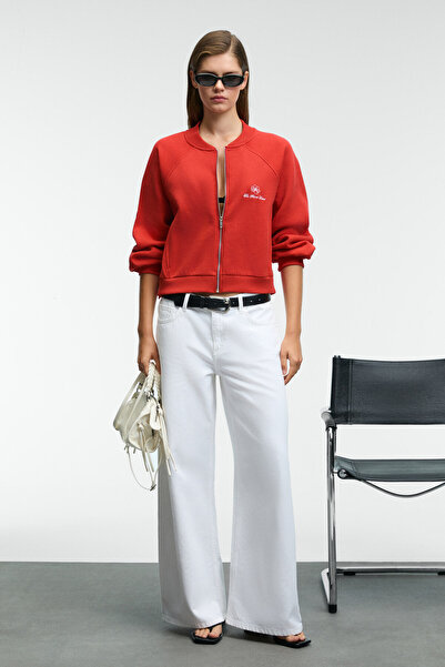 GRIMELANGE Yasvell Women's Metal Zipper Double Pocket Embroidery Detail Balloon Sleeve Bomber Red Jacket