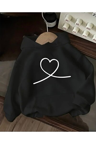 FUFLUNS Oversize Unisex Hooded Sweatshirt with Heart Print